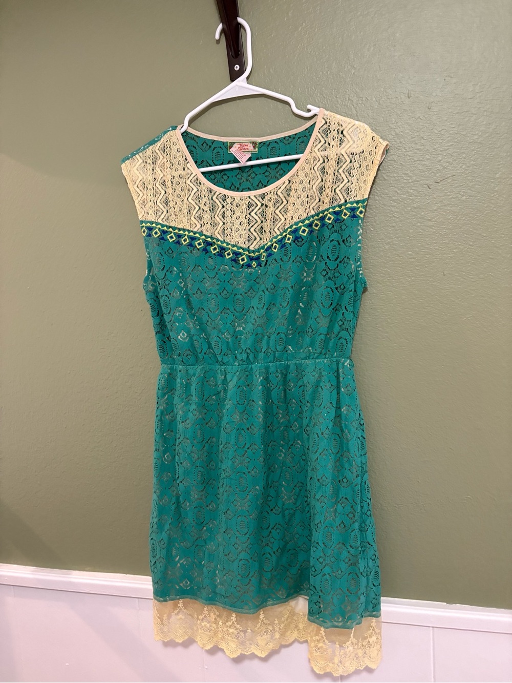 Flying Tomato Teal Lace Dress with Cream Trim